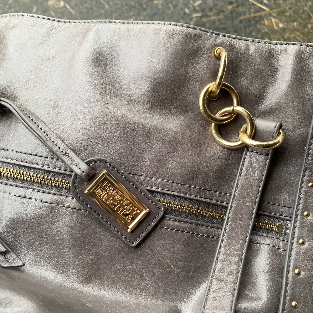 Badgley Mischka Warm Grey n Gold Leather Bag Purse - Picture 7 of 7